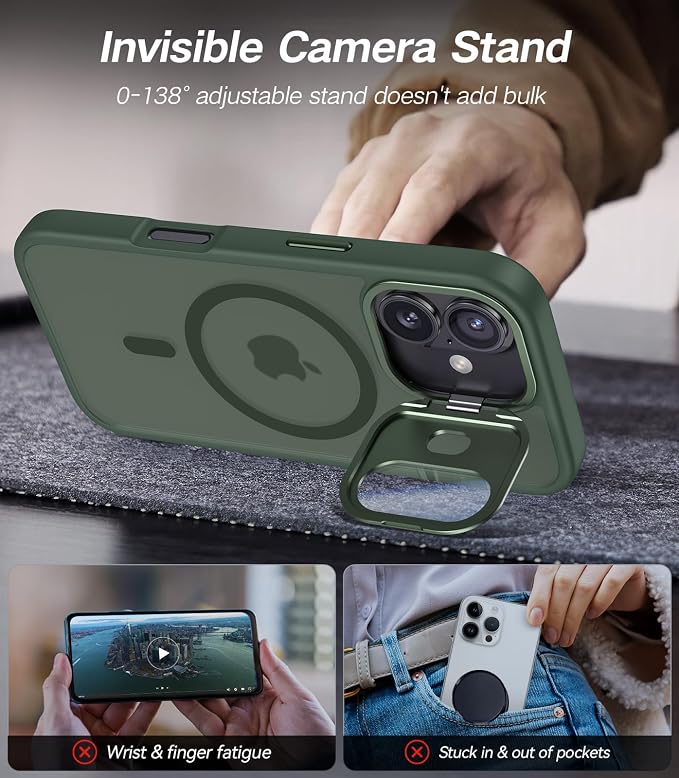 VOFATA [Upgraded] for iPhone 16 Case with Camera Cover Stand [Fit for MagSafe][9H Camera Lens Protector] Mil-Grade Protection Translucent Matte Silicone Magnetic iPhone 16 Phone Case, Green - Image 3