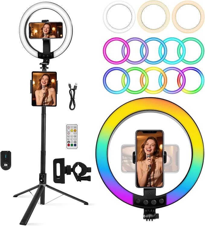 10" Ring Light with Stand, 74"Tripod with Ring Light &Phone Holder | RGB Full Color Modes Selfie Light with Extendable Tripod Stand,iPad Holder, Remote for iPhone,YouTube, TIKTok, Vlogging by Kalofaye