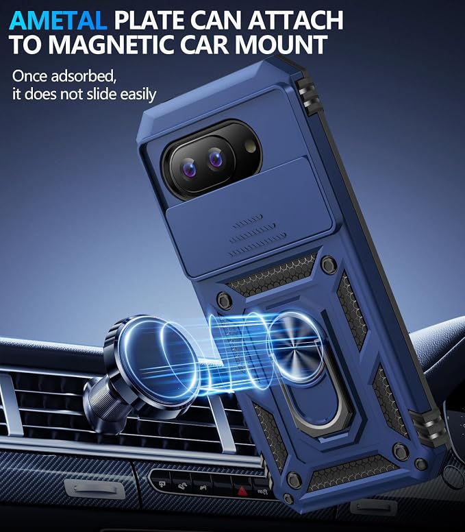 Taisairu for Google Pixel 10A Case with Screen Protector & Slide Camera Lens Cover,Built-in 360°Rotate Magnetic Ring Stand Shockproof Protective Phone Case for Google Pixel 10A Case (Blue) - Image 5