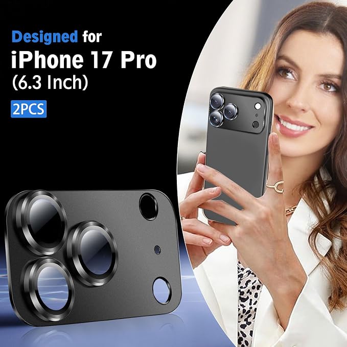 SiHPuoy 2pcs Camera Lens Protector for iPhone 17 Pro, Tempered Glass, Black | 9H+ Hardness, Military Grade Shatterproof, Anti-Scratch, Case Friendly, HD Metal Camera Cover, Does not Affect Night Shots - Image 2