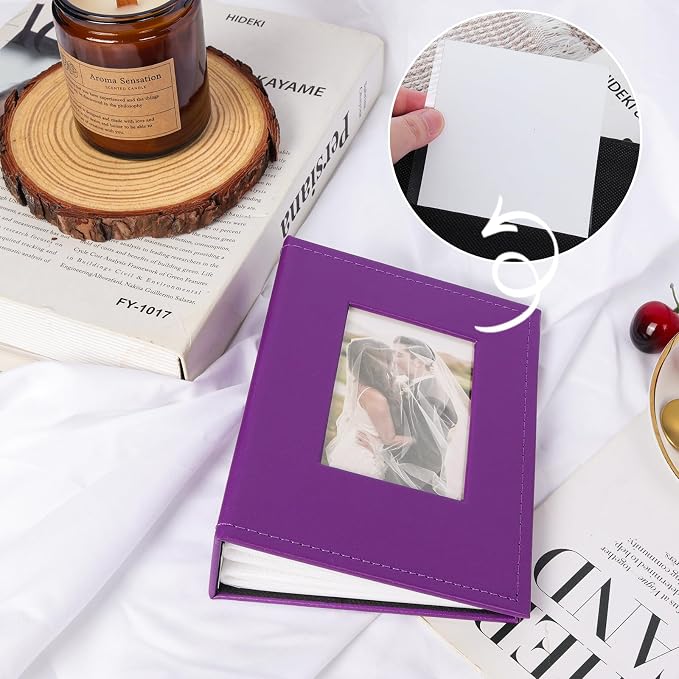 RECUTMS Small Photo Album 4x6 52 Photos Leather Albums for Family Purple | White Pages, Hold 52 Vertical Photos, Wedding Pictures Book with Front Window, Mini Photobook for Baby Vacation, Portable - Image 3
