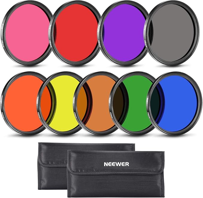NEEWER 9PCS Full Color Lens Filter Set, 58mm Resin Lens Filters with Red, Orange, Blue, Yellow, Green, Brown, Purple, Pink, Gray Color Available with 2 Pouches, Camera Lens Accessories by Neewer