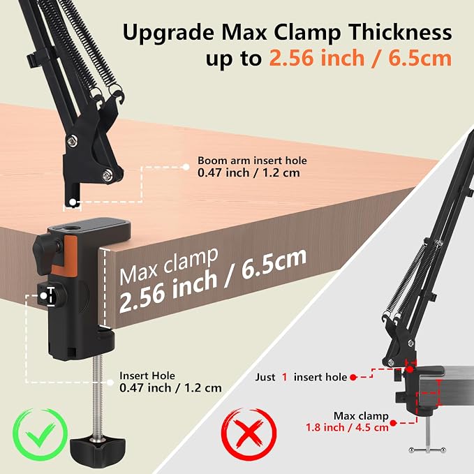 Table Clamp Mount for Microphone Stand, 2-in-1 Mic Boom Arm Clamp Table C Clip for Desktop Overhead Camera Tripod Mic Stand Lamp Base, Fits Up to 2.56 inch 6.5cm Desktop Thickness, 1 PCS - Image 5