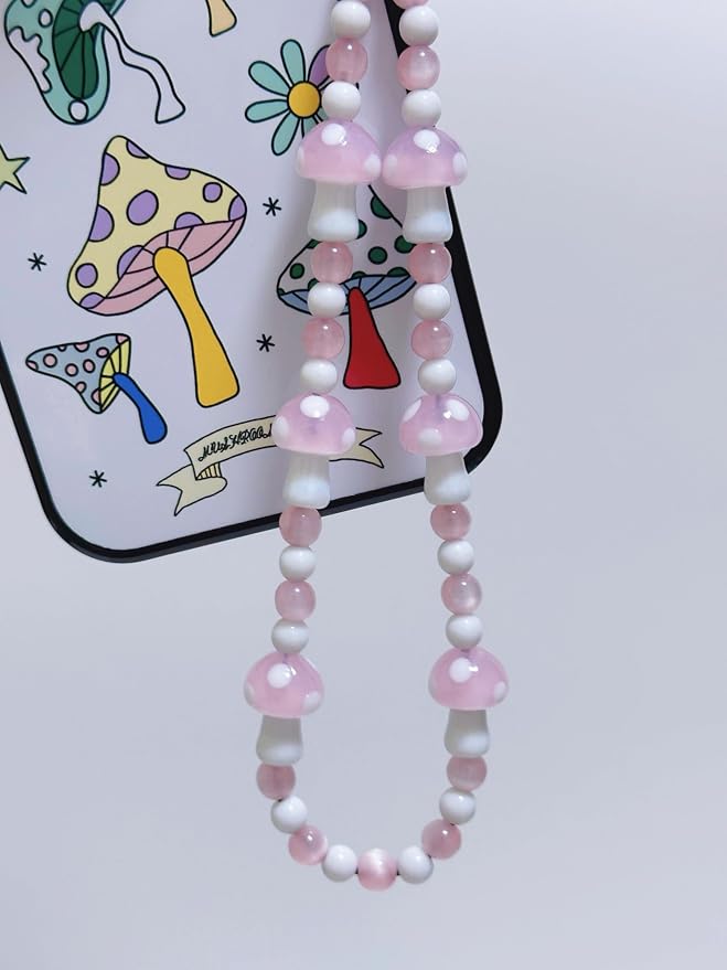 Drawwind Phone Charm Beaded Wristlet Strap Universal Cell Phone Lanyard Cute Bracelet Wrist Strap Beaded Chain String Handmade Accessories for Case Camera Bags (Pink Mushroom) - Image 3