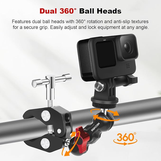 Camera Clamp Mount with Dual Ballhead Magic Arm, Aluminum Camera Mount Super Clamp Kit for DSLR Action Camera/Phone/Monitor/LED Light/Microphone, for Desk/Tripod/Tube/Crossbar (SY001) - Image 4