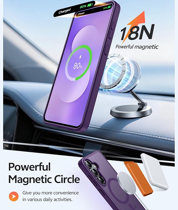 FNTCASE for Samsung Galaxy S25 FE Case, Fit for Magsafe, Screen Protector | Translucent Matte Magnetic Back, 14FT Military Grade Drop Protection, Slim Shockproof Protective Phone Cover, Purple - Image 3