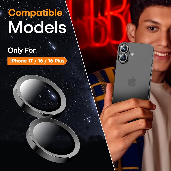Camera Lens Protector for iPhone 17/16/16 Plus- Black | 9H Tempered Glass, Metal Individual Camera Cover, Accessories, Anti-drop, Case Friendly, HD Clear, Anti-Scratch - Image 4