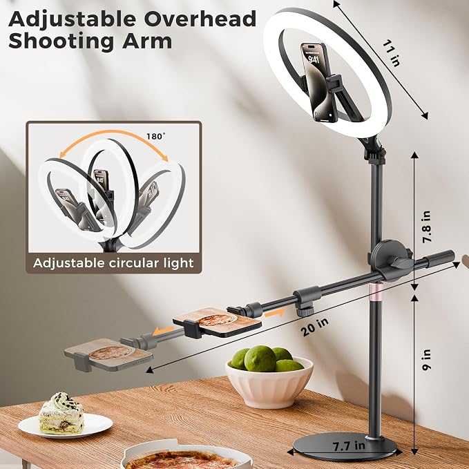11" Desk Ring Light,Wireless Bluetooth Ring Light with Stand & Phone Holder,Overhead Phone Mount for Video Recording,Tripod for Cooking Videos,Webcam Lamp/TikTok/YouTube,Compatible with iPhone Camera - Image 5