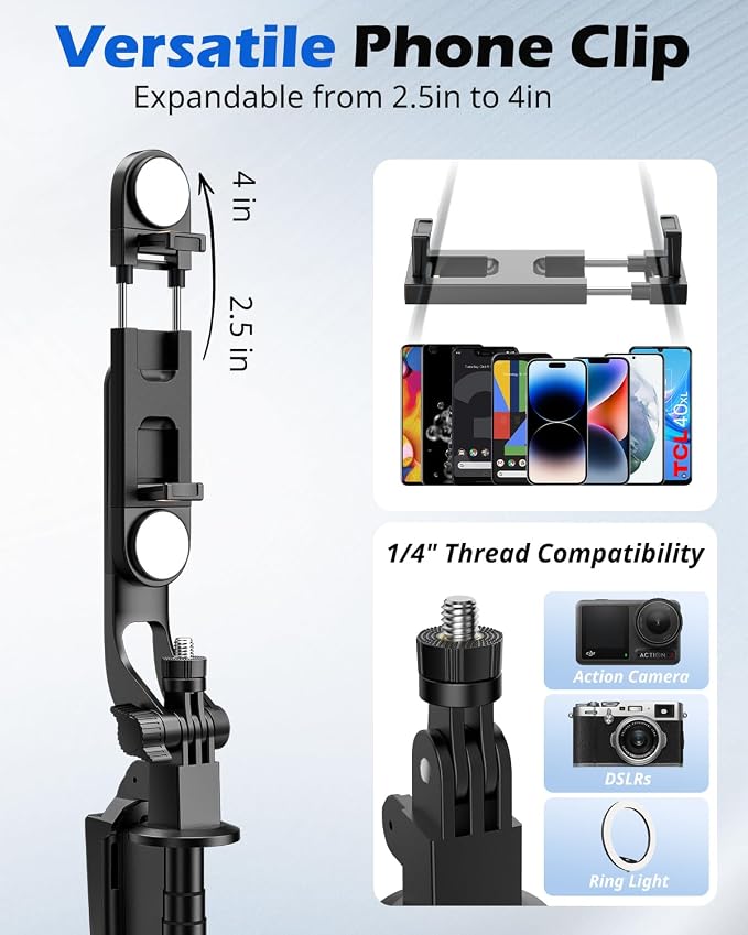 UBeesize 64'' Extendable Selfie Stick Tripod with Light & Remote | Compatible with iPhone, Android, GoPro & Camera, 360° Rotation & 270° Tilt, Foldable Design, Vlogging & Video Recording - Image 5
