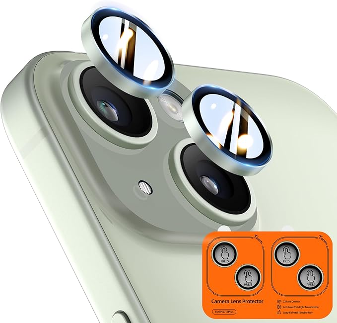 TOCOL Camera Lens Protector for iPhone 15 / iPhone 15 Plus Tempered Glass HD Individual Scratch Resistant Camera Cover Accessories Case Friendly 2 Pack（Light Green） by TOCOL