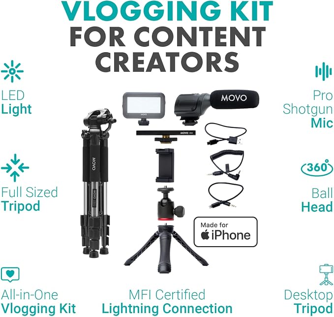 Movo iVlogger Vlogging Kit for iPhone with Fullsize Tripod - Lightning Compatible YouTube Starter Kit for Content Creators - Accessories: Tripods, Phone Mount, LED Light and Shotgun Mic - Image 2