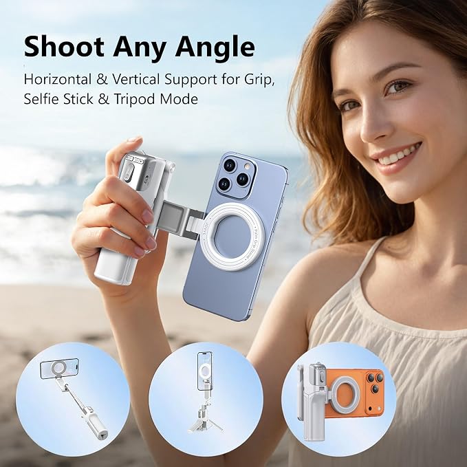 [3 in 1] Magnetic Phone Camera Shutter Grip, Extendable Selfie Stick & Tripod Portable for Magsafe iPhone & Android with Detachable Wireless Shutter Button Remote Control Ergonomic Handle - Black - Image 8