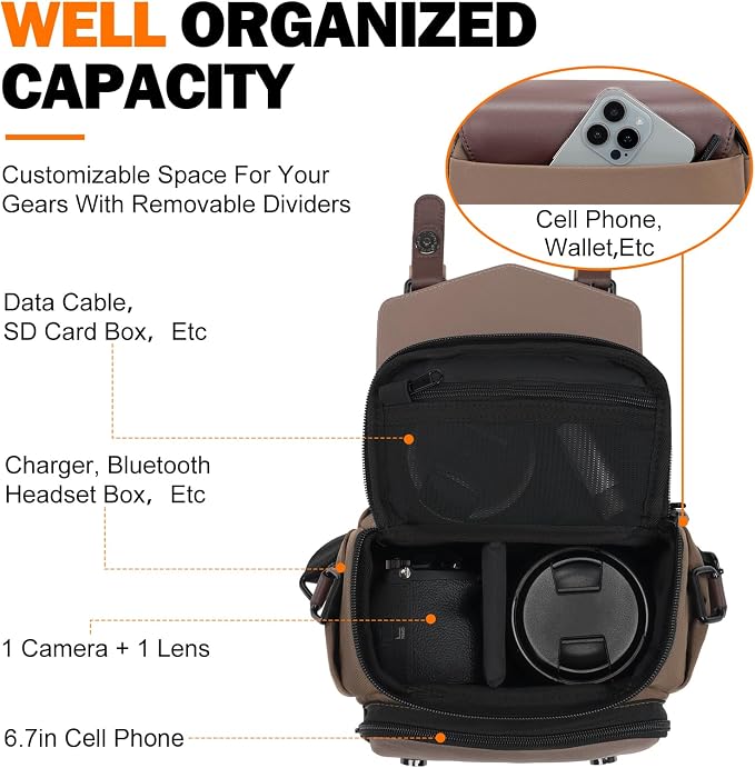 Cwatcun Compact Camera Sling Bag, Small Crossbody Case with Tripod Holder | Camera Messenger Bag, Photography Bag for Canon, Nikon, Sony, Fuji DSLR/SLR/Mirrorless, Lens.Fits 1DSLR+1lens - Image 3