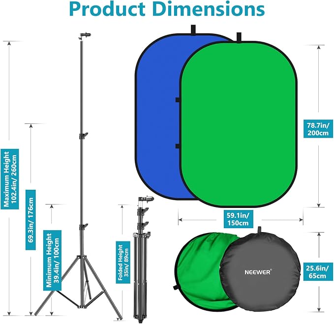 NEEWER 5x7ft/1.5x2m Chromakey Foldable Backdrop with Stand 8.5ft/2.6m | 2 in 1 Reversible Blue Green Background Panel, for Photography Studio, Live Streaming, Video Calls, Games - Image 2