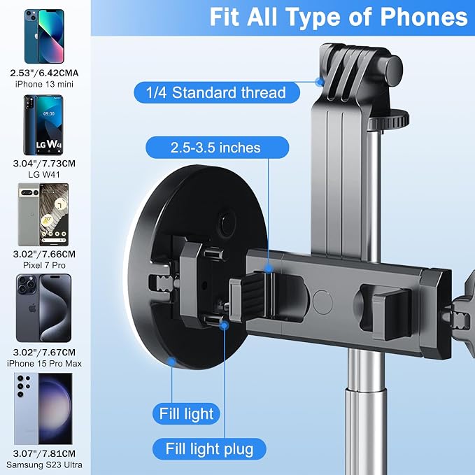 Selfie Stick Tripod with Fill Light, Phone Selfie Stick,Durable Stainless Steel Design,Bluetooth Remote Control,and Stable Three-Legged Support for Live Broadcasts,Video Shooting (Black) - Image 2