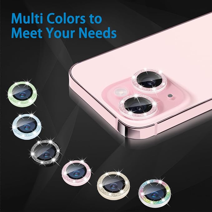 Compatible with iPhone 15 & iPhone 15 Plus Camera Lens Protector, Bling Glitter Diamond Len Cover 9H Tempered Glass Camera Cover Anti Scratch Shockproof Screen Protector Individual Metal Lens Ring - 2PCS Glitter Sierra Blue - Image 8