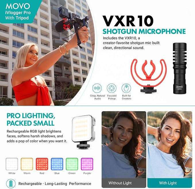 Movo iVlogger-PRO Vlogging Kit for iPhone with Mic, Light, and Tripod | Professional YouTube Starter Kit for iPhone and Android with VXR10 Mic, Rechargeable RGB Light, Two Tripods, Case, and More - Image 5