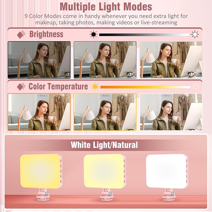 60 LED Portable Selfie Light Video Conference Lighting with Clip & Camera Tripod Adapter Rechargeable 2200mAh CRI 97+, 9 Light Modes for Phone iPhone Webcam Laptop Photo Makeup - Image 3