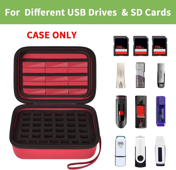 ALKOO USB Flash Drive Case with SD Card/Memory Stick/Thumb Drives Storage | for SanDisk/for Samsung, Removable Foam, 9 Card Pockets, for IT Admins, Photographers, Film Crews, Studios, Travel, Red - Image 2