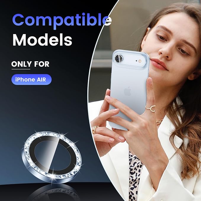 Tensea 2Pack for iPhone Air Camera Lens Protector Bling, Camera Cover | Camera Screen Protector, Metal Individual Ring with 9H Tempered Glass for iPhone 17 Air 6.5inch, HD Clear, Easy Install - Image 2