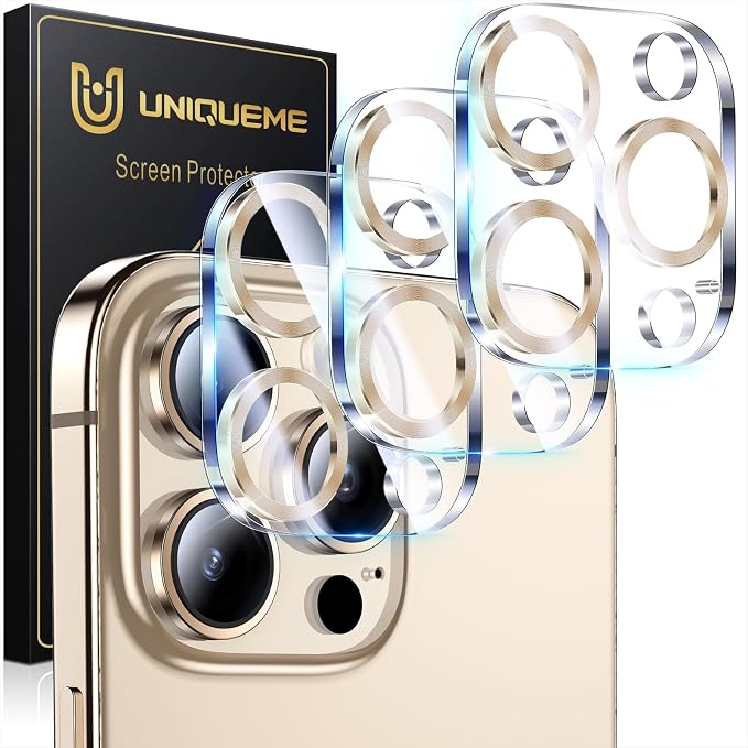 UniqueMe for 3 Pack iPhone 16 Pro/16 Pro Max Camera Lens Protector - Gold | Drop Protection, Case Friendly, 9H Tempered Glass, Camera Cover Screen, Update New Version by UniqueMe