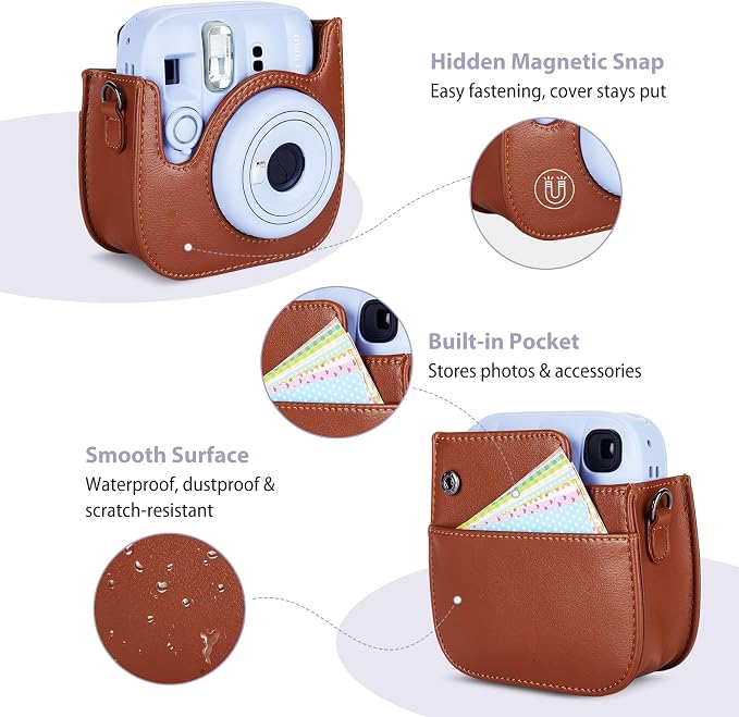 Phetium Mini 13 Camera Case for Fujifilm Instax Mini 13 12 Camera-Brown | Mini Camera Protective Case,PU Leather Bag,Photo Storage Pocket,Adjustable Shoulder Strap,Magnetic Flip - Image 4
