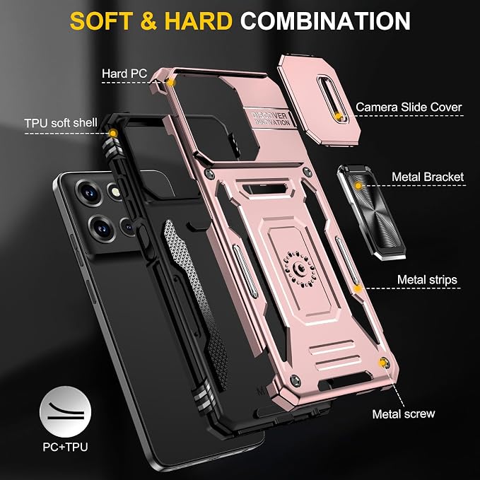for Moto G 2025 Case with Screen Protector and with Camera Cover, 360°Military Grade Rotatable Kickstand (Heavy Duty) Shockproof Protective, Case for Moto G 2025 Rose Gold - Image 4