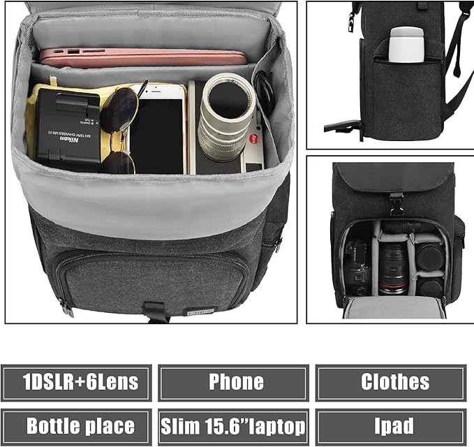 CADeN Camera Backpack Canvas Photography Bag for DSLR/SLR Mirrorless Camera | Large Capacity 15.6 In Laptop Compartment Tripod Strap Zipper Side Quick Access Water Resistant - Image 2