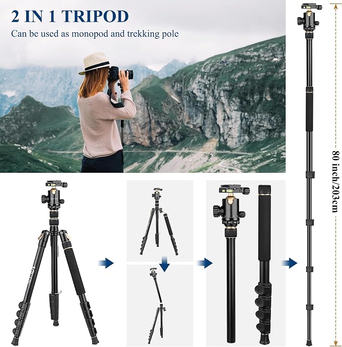 77" Aluminum Camera Tripods & Monopods, Victiv Compact Travel Tripod for Camera DSLR, Spotting Scope,Telescope, Binoculars, Porfessional Heavy Duty Camera Tripod Stand for Photography Video Recording - Image 6
