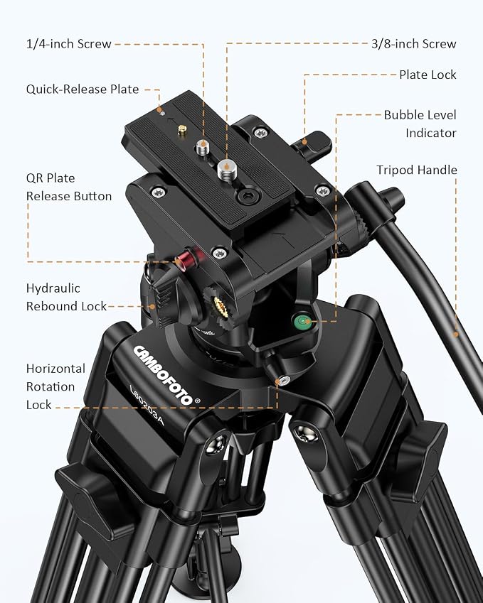 CAMBOFOTO 74"/190cm Video Tripod, Heavy Duty Tripod for Camera, Fluid Head | Professional Tripod with 2 Quick Release Plates(3/8" & 1/4"), Smooth Friction Damping for DSLR Camcorder Telescope, 20lb Load - Image 6