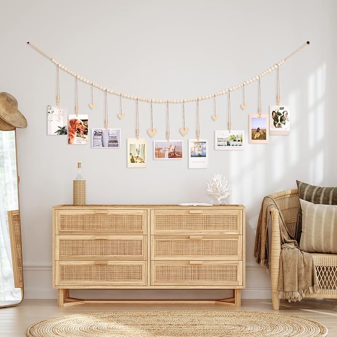 KLOGTSIND Hanging Photo Display with Clips, Wood Bead String Photo Banner | 9 Wooden Clips, Boho Picture Frames Collage Wall Decor, Photo Hanger for Bedroom, Office, Dorm Decor - Image 4