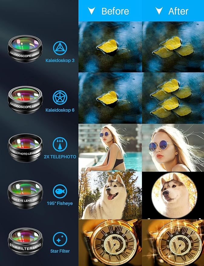 MIAO LAB 10 in 1 Phone Camera Lens Kit - Wide Angle Lens & Macro Lens+Fisheye Lens+2X Telephoto Lens+CPL/Flow/Radial/Star+Kaleidoscope 3/6 Lens for iPhone Samsung Sony and Most of Smartphone - Image 5