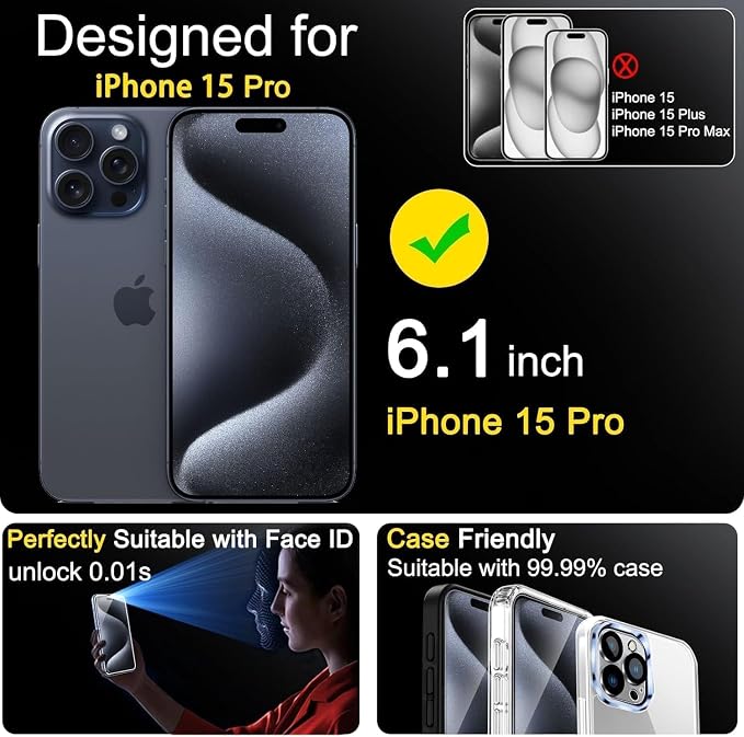 Ferilinso 3 Pack Screen Protector for iPhone 15 Pro, Tempered Glass, HD | 9H+ Hardness, Military-Grade Shatterproof, Case Friendly, Easy Installation Bubble Free, with Camera Lens Protectors - Image 2