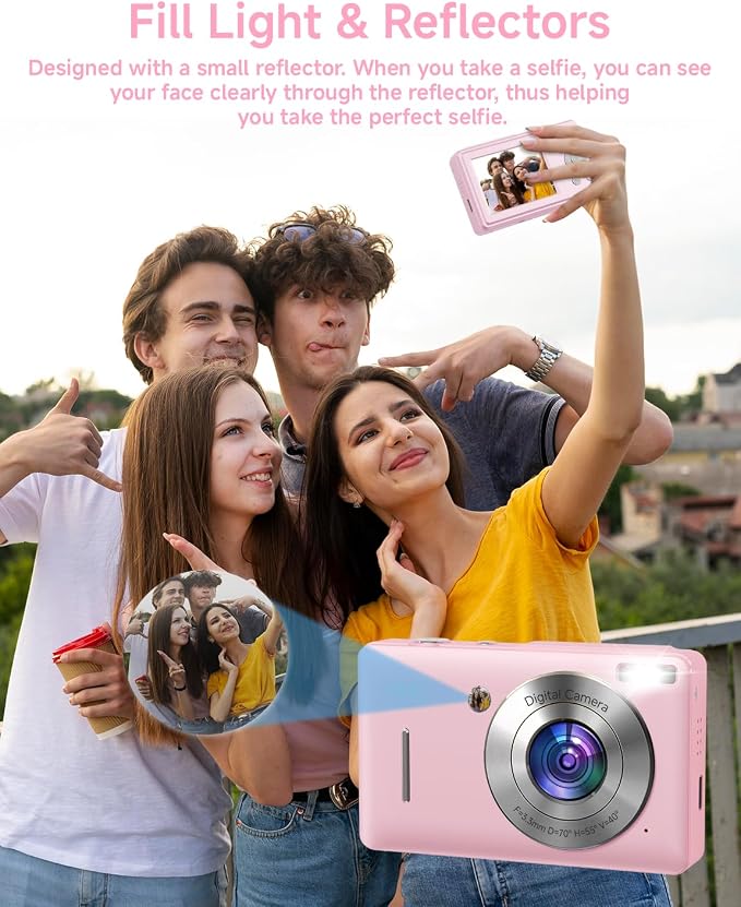 Digital Camera for Kids, FHD 1080P 44MP Point and Shoot Digital Camera with Face Detect, Smile Capture, 16X Zoom, 20 Filters, Anti Shake, Pink Compact Vintage Camera - Image 4