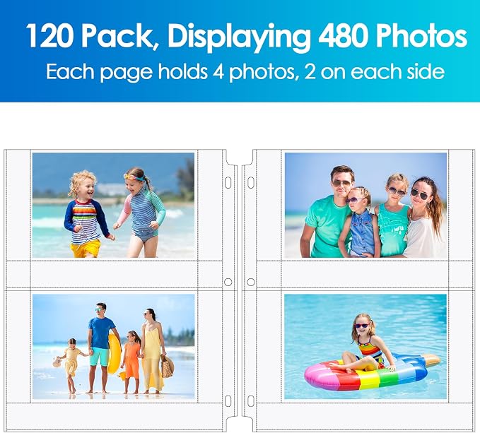 MaxGear 120 Pack 4x6 Photo Sleeves for 3 Ring Binder (480 Picture),2 Pocket | Heavy-Duty Archival Page Protectors, Clear Photo Album Refill Pages, Plastic Postcard Sleeves, Recipe Card Binder Inserts - Image 8