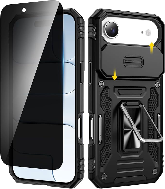VEGO for iPhone Air Case with Privacy Screen Protector and Kickstand Black | Slide Camera Cover and Ring Kickstand Military Grade Heavy Duty Protection Cover for iPhone 17 Air 6.5 Inch - Black by VEGO