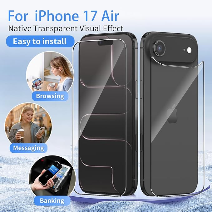 Front Screen and Back Protector for iPhone 17 Air + Camera Lens Protector | (2+2+2+1) 9H Hardness, Easy to Install with Alignment Tool, Anti-Fingerprint - Image 2