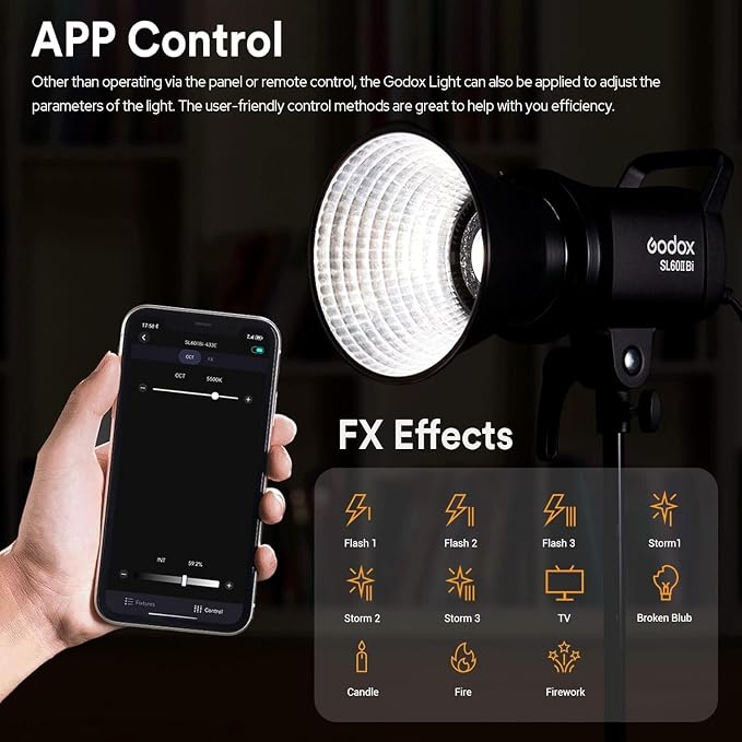 Godox SL60IIBi Bi-Color LED Video Light 75W, 2800K-6500K, CRI96+ TLCI97+, 25100Lux@1m, Bowens Mount LED Continuous Output Light w/11 FX Effects, APP/2.4G Wireless Control, Dimmiable Brightness - Image 4