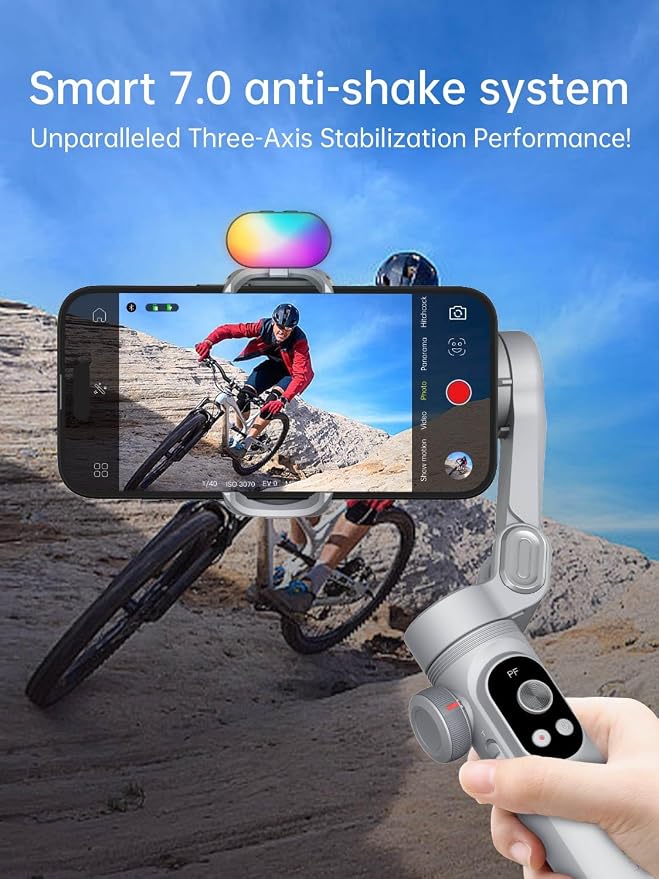 AOCHUAN iPhone Gimbal, 3-Axis Gimbal Stabilizer for Smartphone w/RGB Magnetic Fill Light Portable with Fous/Zoom Wheel for Vlog, Compatible with iPhone 15 Pro Max/Android-Smart X Pro Kit Gray - Image 3