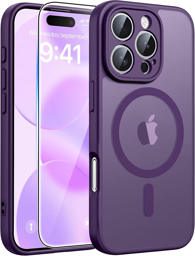 FNTCASE for iPhone 16 Pro Max Case, Fit for Magsafe, Glass Screen Protector | Full Camera Protection, Translucent Matte, 14FT Military Grade Drop Proof, Shockproof Protective Phone Cover, Purple by FNTCASE