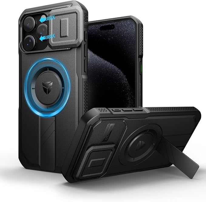 Dexnor for iPhone 15 Pro Max Case with Slide Camera Cover & Adjustable Kickstand, Compatible with MagSafe, Rugged Shockproof Bumper Cases Heavy-Duty Magnetic Protective Cover,6.7 inch,Black by Dexnor