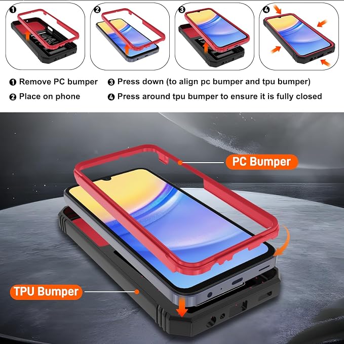 for Samsung Galaxy A15 5G Case with 2PCS Screen Protector, Build in 360° Rotating Ring Kickstand, Military Grade Protective Case for Samsung A15 Phone, Red+Black - Image 3