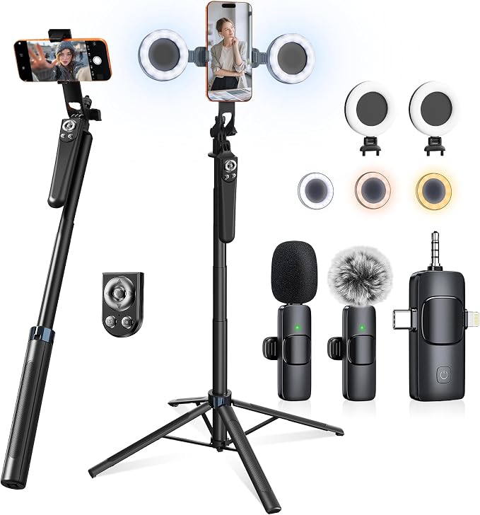 Content Creator Essentials Vlogging Kit for iPhone, Tripod & Wireless Mic | 71" Tripod with light, remote, selfie stick, phone stand. Designed for TikTok, YouTube, video recording by PerfectforYourLife