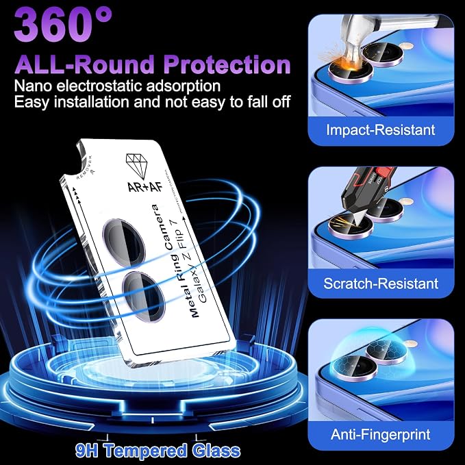 Meshine for Samsung Galaxy Z Flip 7 Camera Lens Protector,Scratch Proof,Strong Adsorption,9H Hardness with Metal Ring Camera Cover,Ultra Thin Case Friendly, Accessories Lens Protector,Light Purple - Image 3