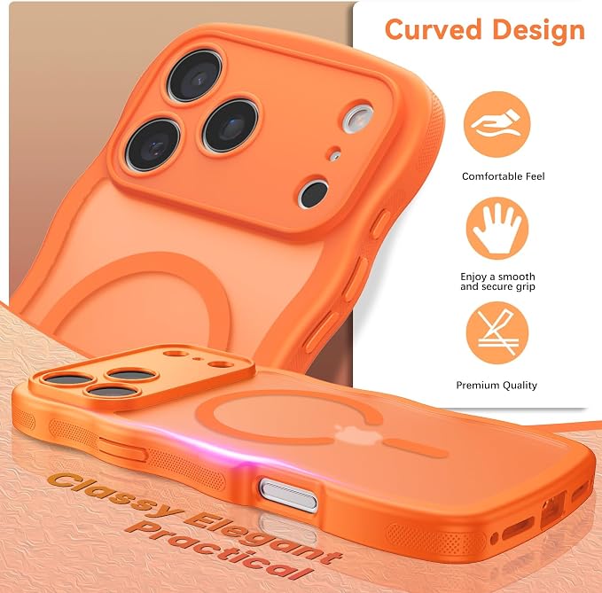 BENTOBEN Magnetic for iPhone 17 Pro Case, Cute Wavy Full Camera Protection [Compatible with MagSafe] Matte Anti-Slip Bumper Women Girls Boys Protective Cover for 17 Pro 6.3", Orange - Image 5