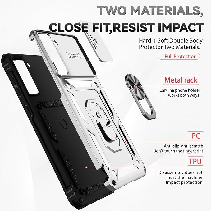 HNHYGETE for Galaxy S21 Case with Screen Protector: [Military Grade 20ft. Drop Tested] Ring Shockproof Protective Phone Case for - Samsung Galaxy S21 (Silver) - Image 5