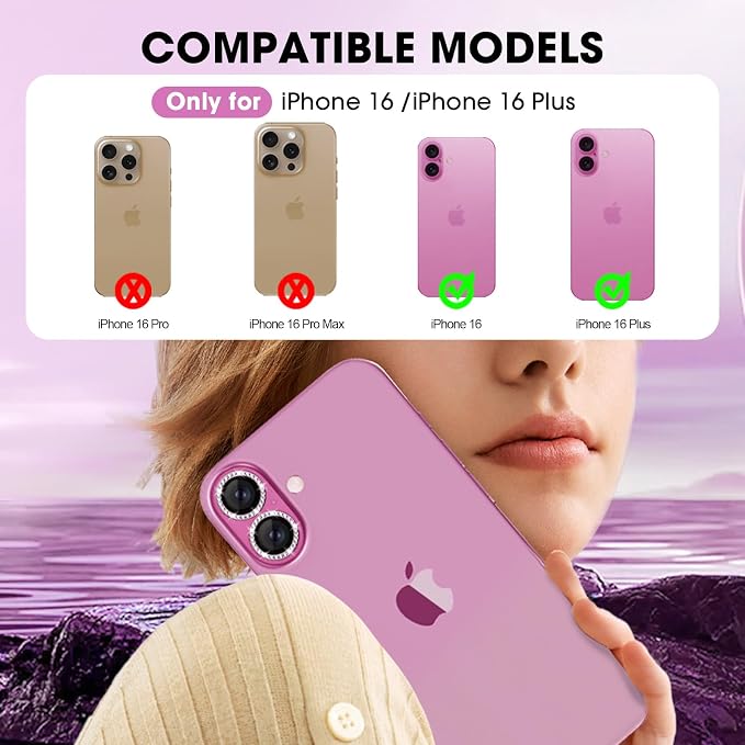 for iPhone 16/16 Plus Camera Lens Protector Bling Diamond, Pink | Individual Metal, 9H Hardness, Scratch Resistant, Shockproof, Drop Protection, Case Friendly, Stylish Accessories - Image 2