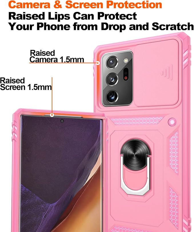 for Samsung Galaxy Note 20 Ultra Case with 2PCS Screen Protector, Build in 360° Rotating Ring Kickstand, Military Grade Protective Cover for Note 20 Ultra Phone, Pink - Image 5