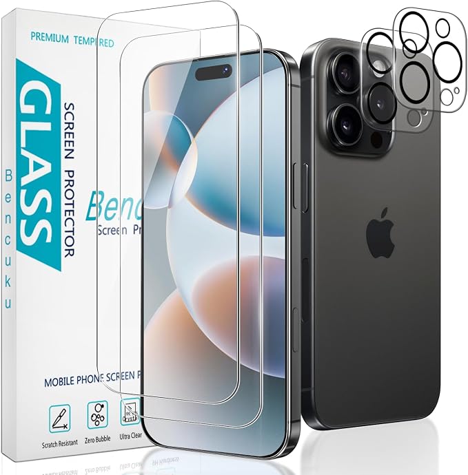 2+2 Pack Screen Protector for iPhone 16 Pro 6.3 Inch Tempered Glass | with Camera Lens Protector, 9H Hardness, Anti Scratch, Bubble Free by Bencuku