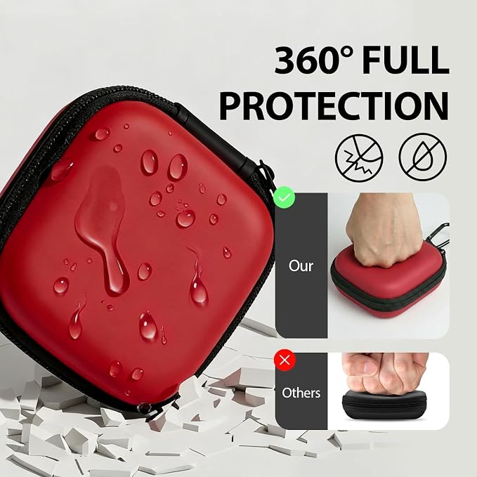 Square Earbud Case with Carabiner, Portable Small Carrying Pouch for Wired/Wireless Earphones, EVA Travel Organizer Box for Charging Cables, USB Flash Drives, SD Cards, Red - Image 3